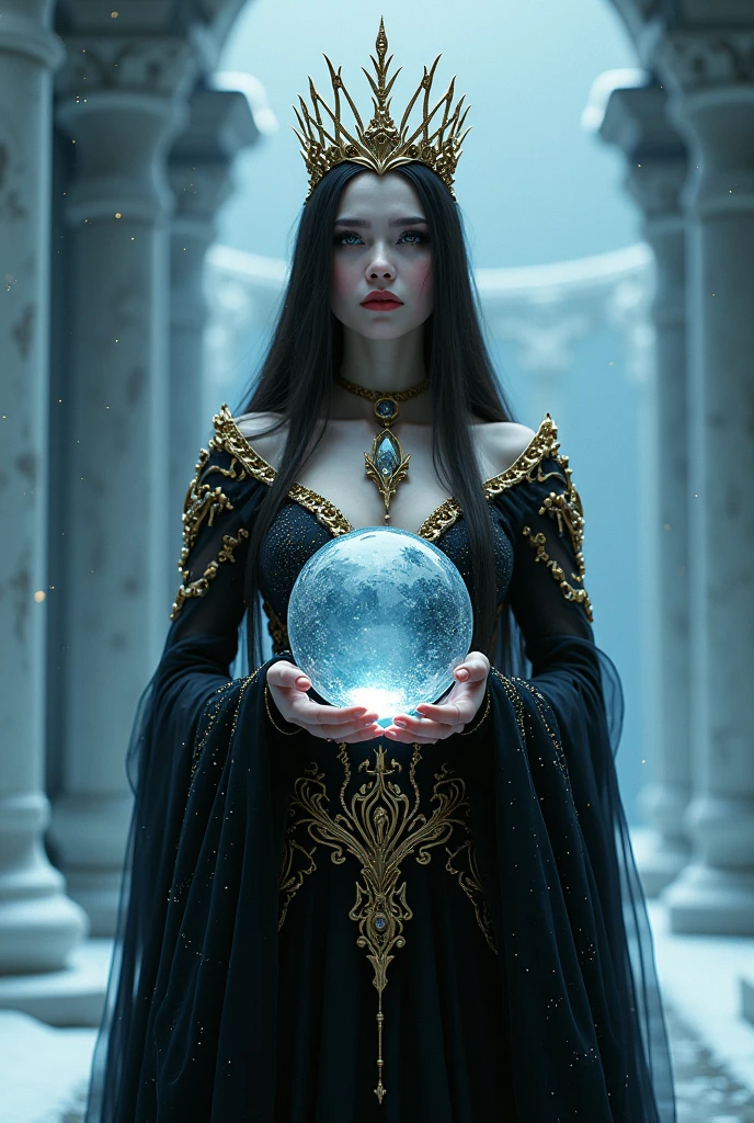 Full body photo of the Queen of Darkness, kingdom, sun, High resolution, detailed, Complex, Cinematic, amazing, dramatic, Fantasy, Magic, Mysterious, winter, frozen, Icicle, the snow's, Marbled, Crystal Clear, ultra detailed, Realistic, 8k, masterpiece, Concept Art, Portraiture, beautiful detailed eyes, beautiful detailed lips, extremely detailed face and features, Long eyelashes, Long flowing hair, Elegant Dresses, Holding a crystal ball in both hands, Smiling, Hall々A pose, (((Tabletop:1.4))), dramatic lighting, Shining Aura, Cool color palette, Gold and black tones, Sparkling ice crystals, Splendid architecture, Snow Scene