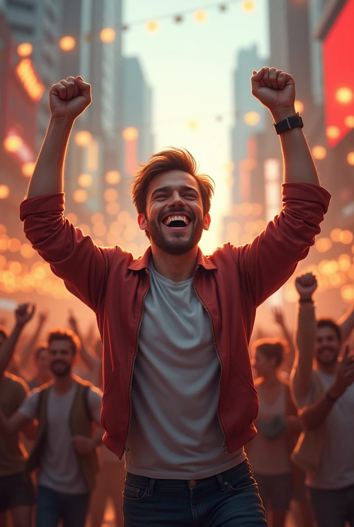 A realistic image of a person celebrating a significant achievement. The scene shows the person in a moment of triumph, surrounded