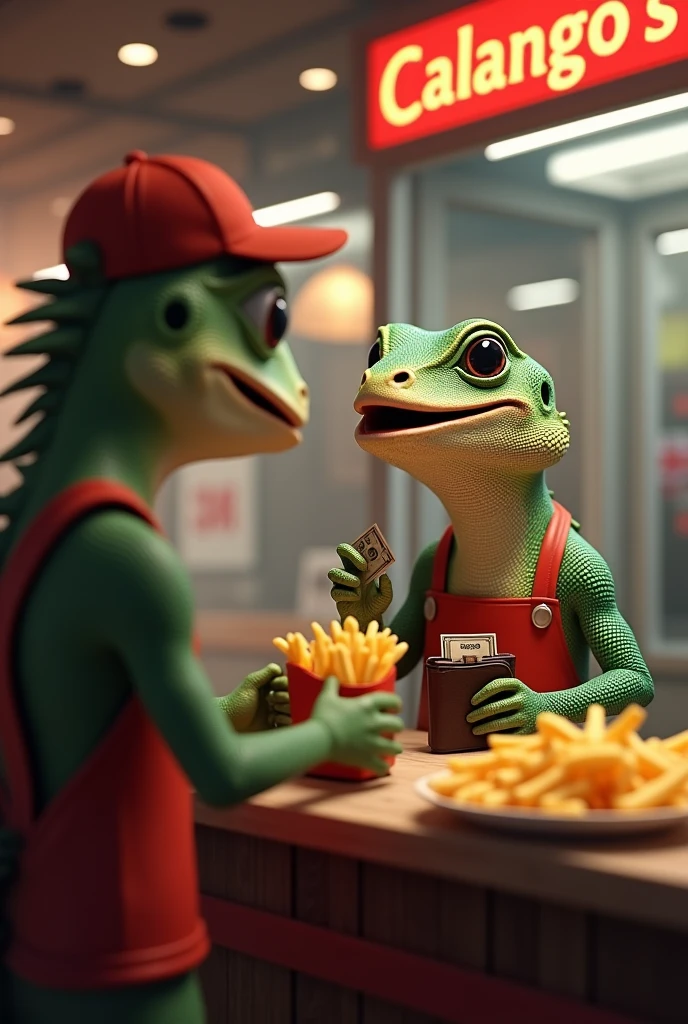 A realistic lizard buying French fries at the snack bar named CALANGO'S, with lots of money in hand and with water in the mouth . The seller is a realistic lizard with a red apron and cap