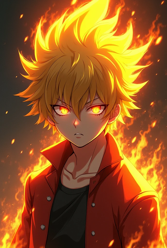 Yellow hair, yellow eyes, handsome, 2, anime, strong, cold, dangerous, serious, fire-breathing, non-radioactive,   