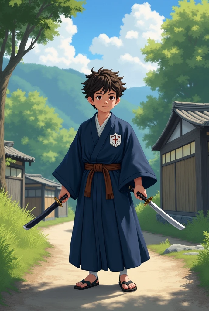 A young Calcasian boy with short curly hair on a road in feldal japan, wearing a navy blue kimono with a white S in a shield symbol on the left chest of the garment, carrying Samurai swords, with a brave and friendly expression.