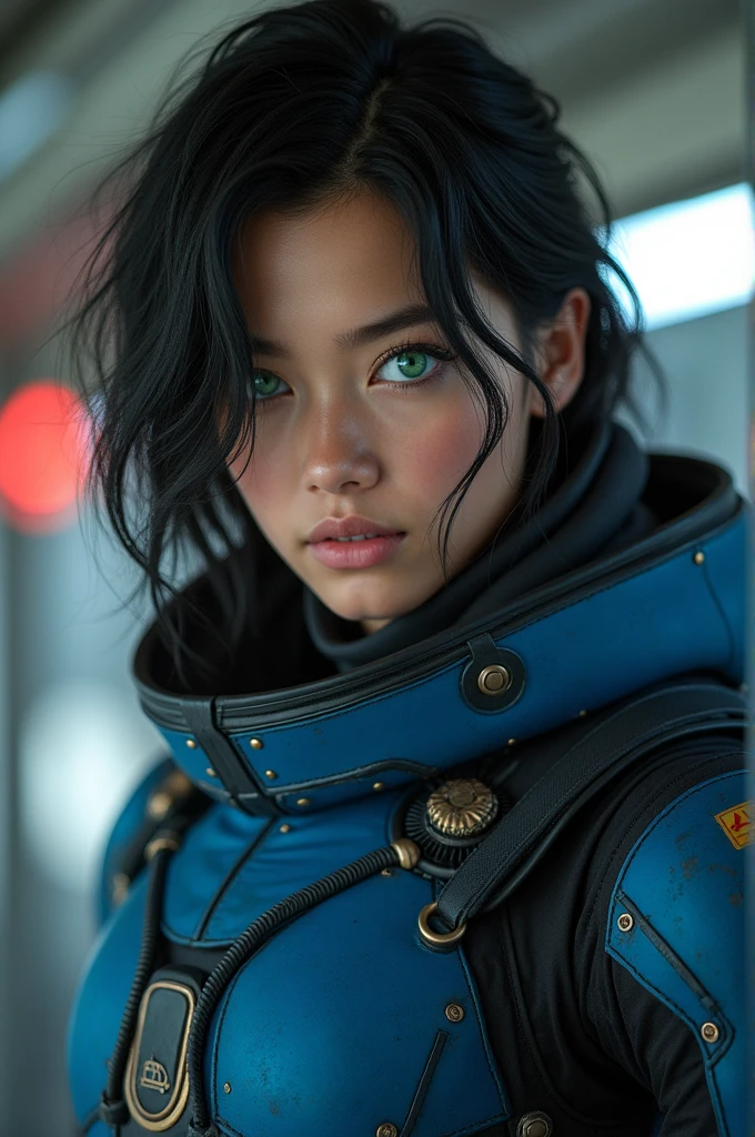 ((indifferent look)), ((black hair)), ((green eyes)), (attractive), ((young)), (blue space marine suit), (perfect face)