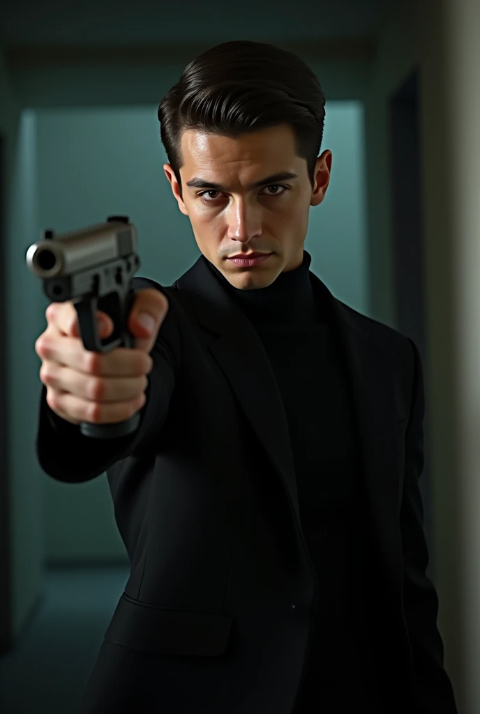 Young man with brown eyes in a black suit holding a gun