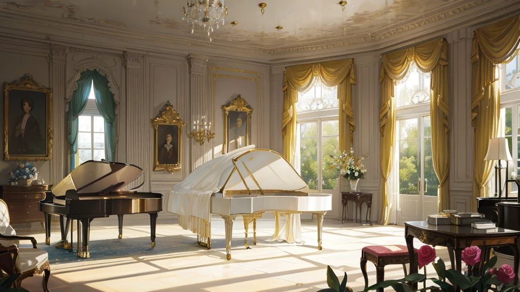 "An illustration that matches the elegance of classical music. A grand room with a large window, European-style, where a quiet piano plays. Outside, a garden in full bloom, with soft afternoon sunlight streaming in. The room is furnished with antique furniture, and an elegant vase sits atop the piano. The illustration should evoke a sense of grace and tranquility."