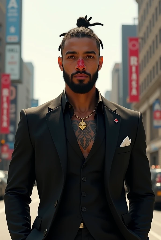Young man, tanned skin, hairstyle with braids attached, splattered nose, Brown eyes, small mouth, oval face, prominent stylized beard, athletic body, standing, black suit dress, Black dress shirt with the last 4 top buttons undone, thin gold chain, neck tattoos, background on the street with buildings in the background well lit, during the day