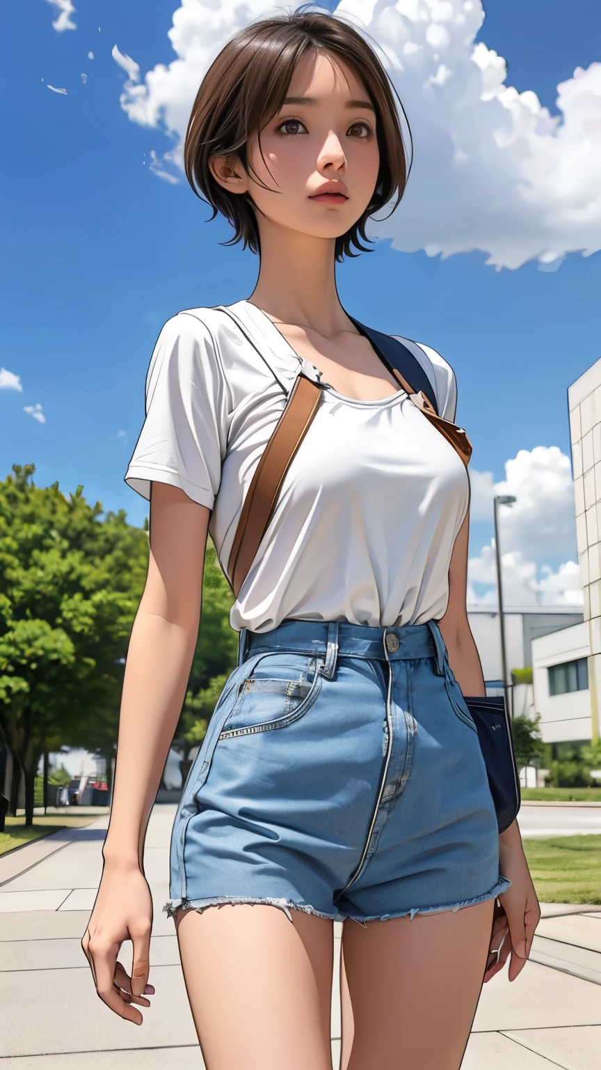 Girl standing on campus, Cumulus clouds floating in the summer sky, (White campus swimsuit:1.2), Navy Sailor Shirt, bag, , (Very slim:1.4), Thin thighs, knee, Brown eyes, Short hair tied low