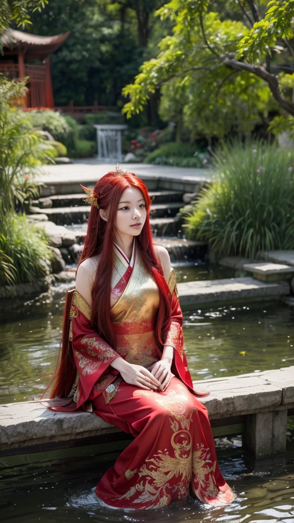 garden,Small bridge and flowing water,red phoenix woman,Flowing long red hair,Eichhornia,Present beauty,Elegant,Large Breasts,Present beauty的身材,Wearing a red phoenix costume,Sitting on the board,Solo Phoenix Guzheng.High resolution, masterpiece, best quality, high detail, Ultra high quality, 
