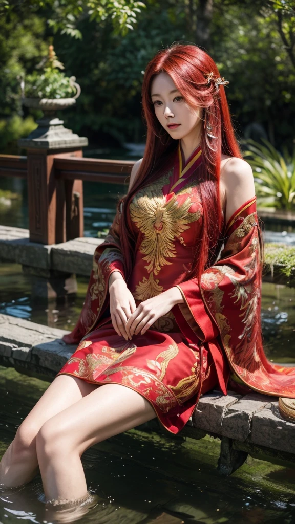 garden,Small bridge and flowing water,red phoenix woman,Flowing long red hair,Eichhornia,Present beauty,Elegant,Large Breasts,Present beauty的身材,Wearing a red phoenix costume,Sitting on the board,Solo Phoenix Guzheng.High resolution, masterpiece, best quality, high detail, Ultra high quality,