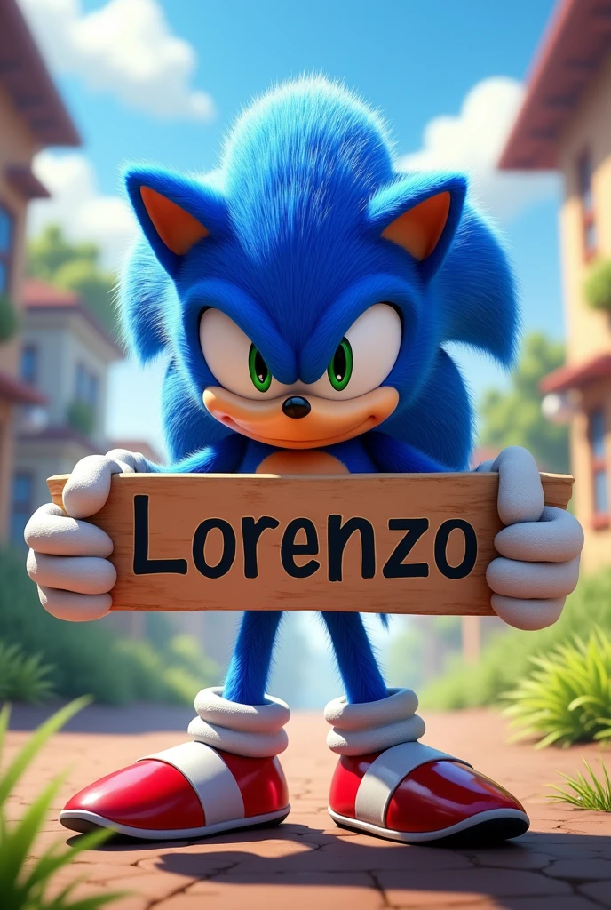 Sonic holding a sign with Lorenzo's name on it