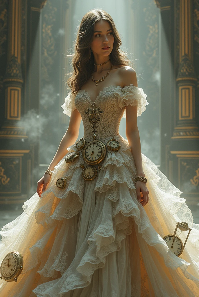 make a very beautiful woman dressed in a long, round dress with clocks and hourglasses
