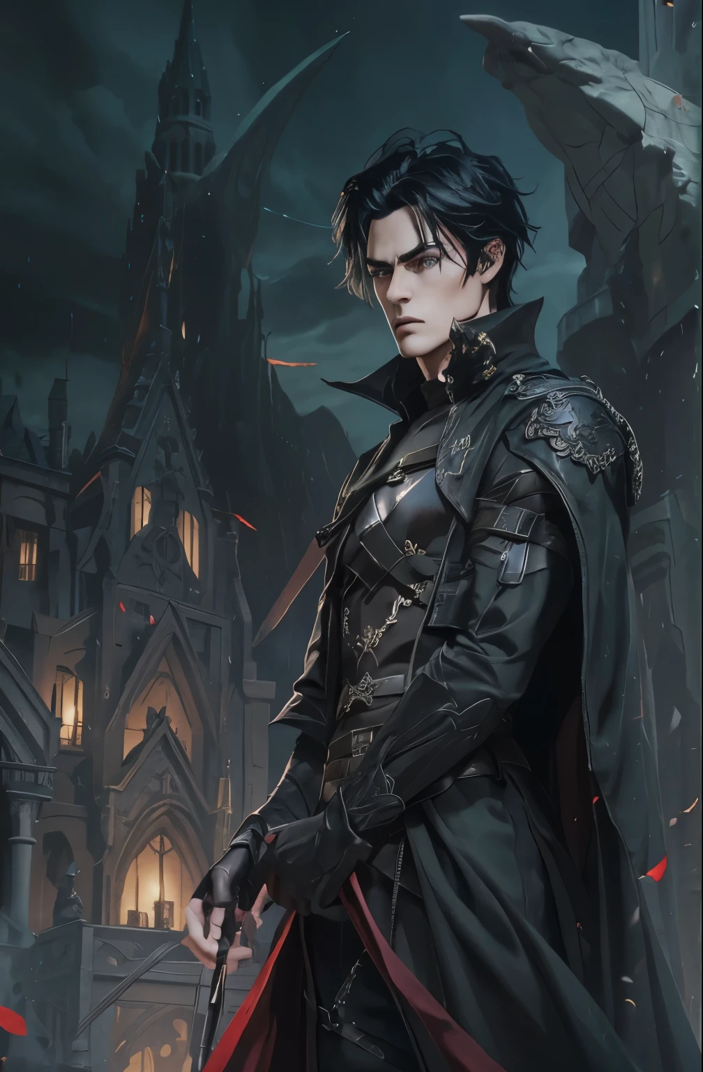 (an androgynous male assassin:1.1),wild black hair,green eyes,slim,black assassin clothing,in a castle,medium:oil painting,detailed background,moody lighting,vivid colors,dark and mysterious ambiance,ominous atmosphere