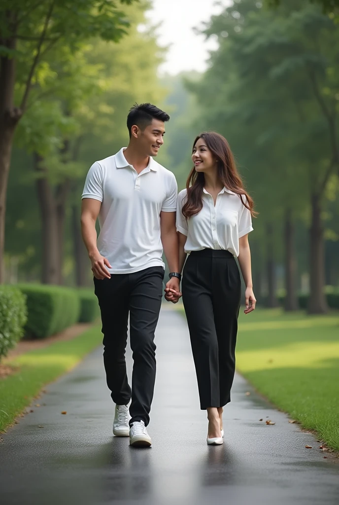 Create a man who has the following characteristics: 175cm tall, 85kg weight, short black hair, White polo shirt, At his side a woman 160cm tall, 55kg weight, by the wide, smooth and black.