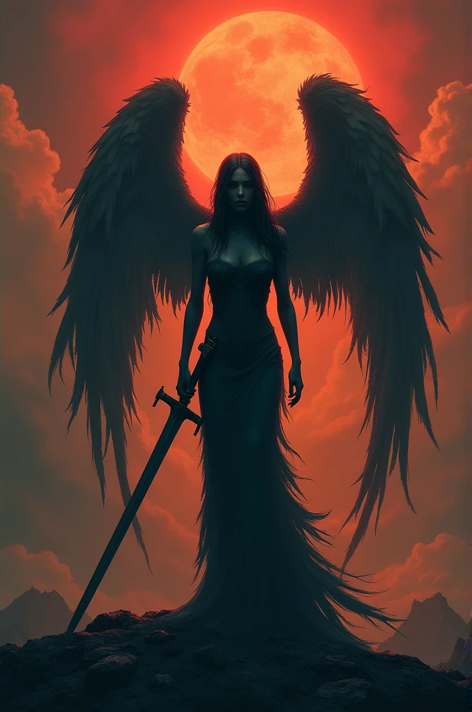 A fallen angel with a sword pointing to the ground, that is standing and with a hellish environment
