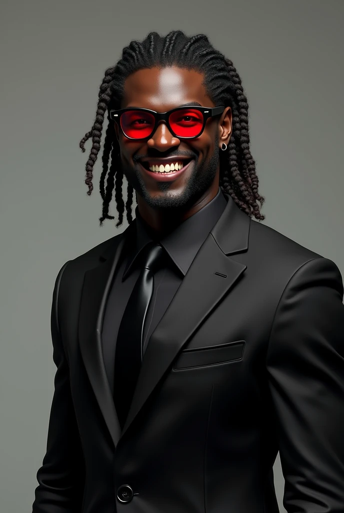 tall black man. Standing 1 meter 90 cm tall with curly hair in braids and wearing a black suit with red details, smiling with vampire fangs showing, he is wearing black glasses with red lenses.