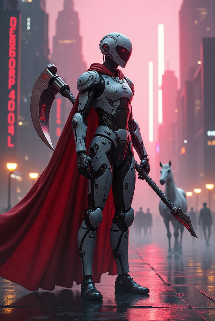 Dark_Fantasy, Cyberpunk, (Fang Tian Painting Halberd, White Horse, Red: 1.1), 1 Man, Mechanical Marvel, Robot Existence, Cybernetics Guardian, Beauty