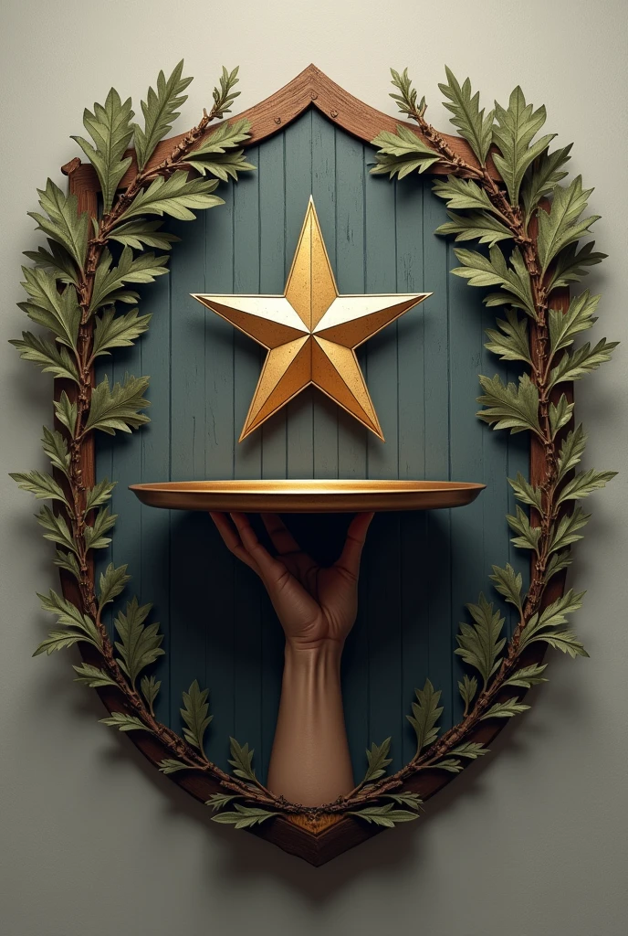 Shield with a military hand holding an open waiter's tray with a floating army star, like oak branches, PICTURE REALISTIC