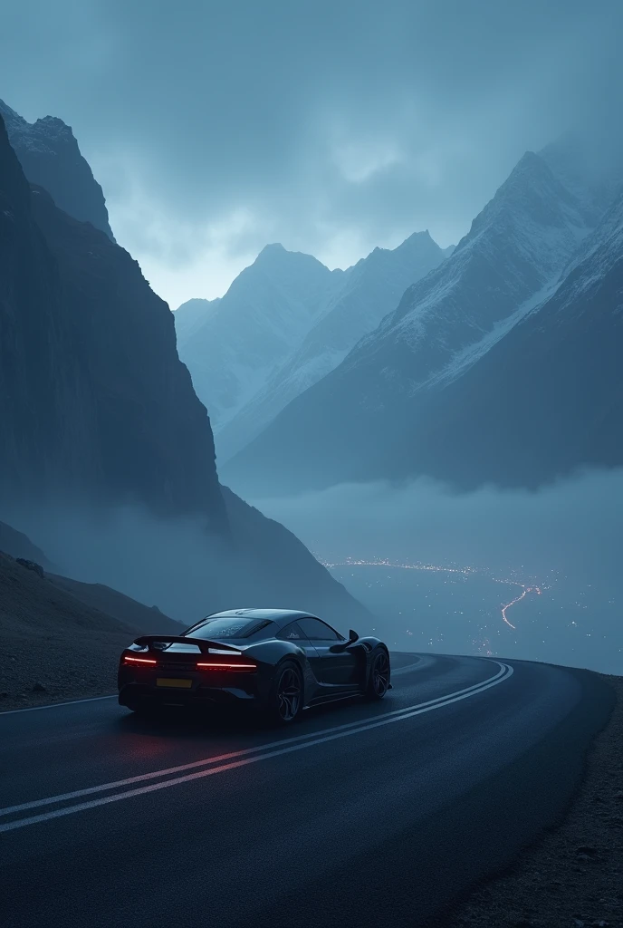 A deserted, mountainous night with fog, a Supra car and a distant city 