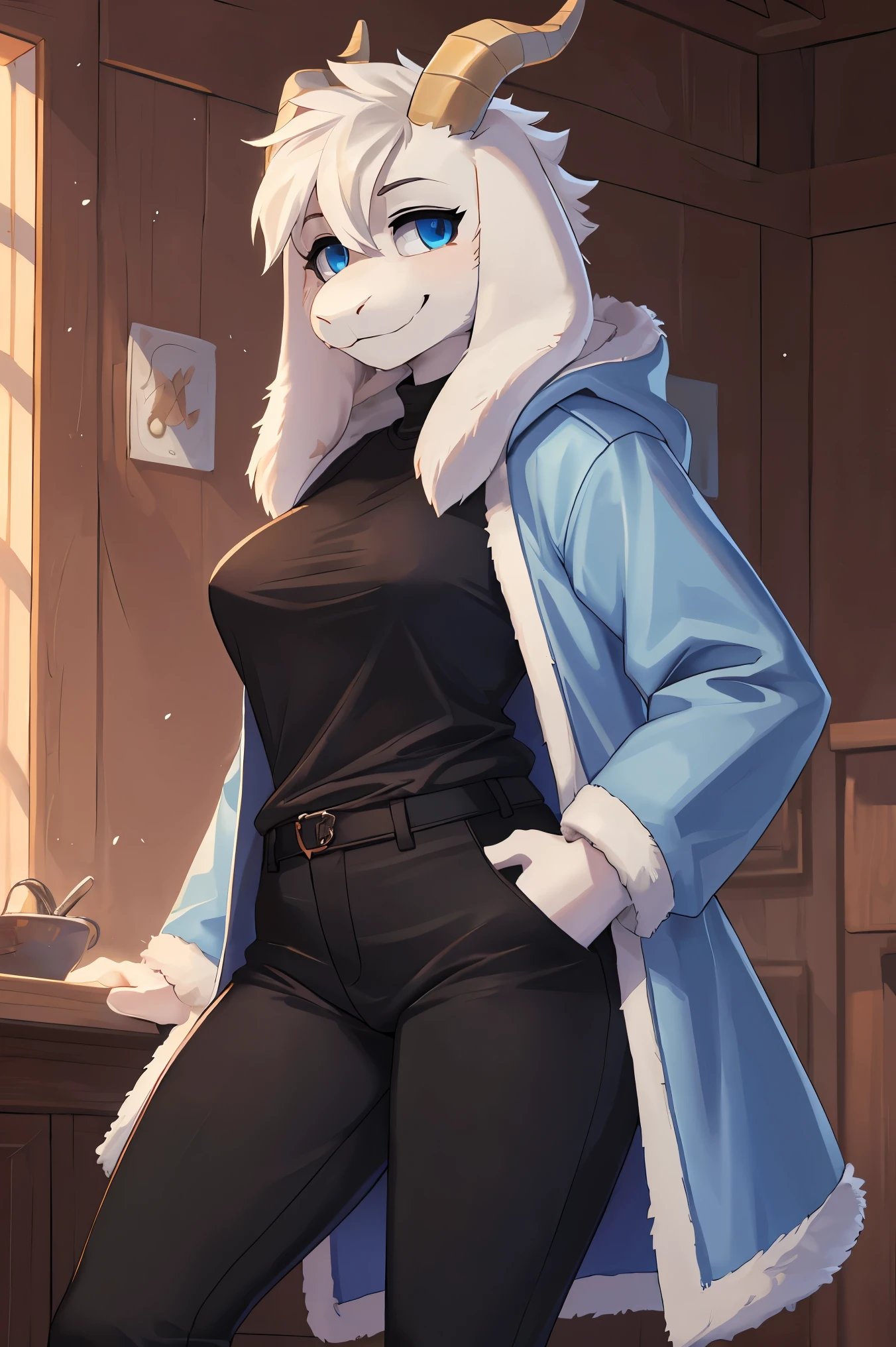 woman, young adult, alone, in a house, hairy, goat, anthropomorphic goat, Asriel, Undertale (Asriel Dreemurr), large medium breasts, big ass, medium hips, perfect body, tall, (long hair, long white hair), long hair, blue eyes, anthropomorphic face, cartoon, smile, eskimo coat (blue coat, no drawing, eskimo coat), metacarpal paw, black blouse ((black shirt, black pants)), goat tail, short horns , white horns ((droopy ears, big ears)), looking at the viewer, goat paw, anthropo paw, detailed, best quality, best detail, details and quality.