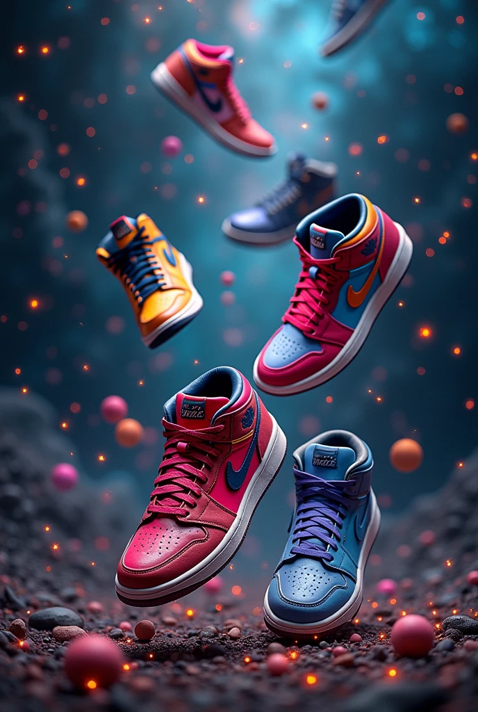 A photo showing a collection of multi-colored Jordan sneakers spilled and flying with a dark background and stars and galaxies