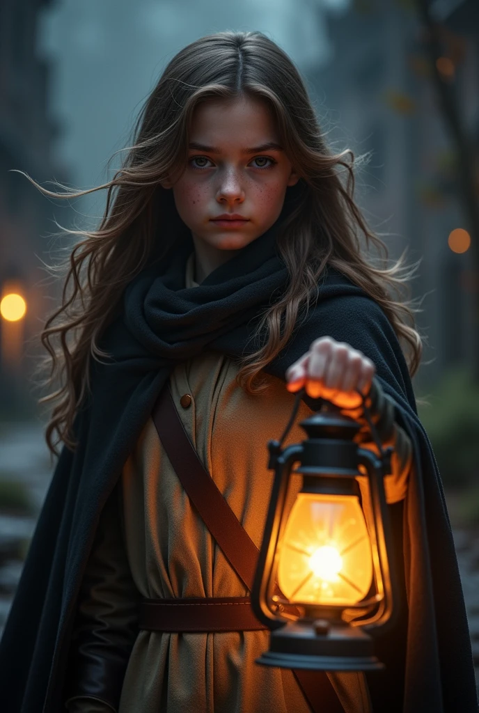 Une jeune fille courageuse aux cheveux bruns, vêtue d'une cape sombre, tenant une lanterne, avec un regard déterminé.