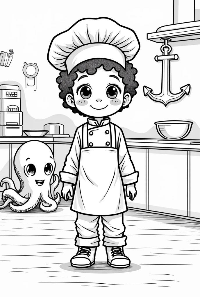 young gentleman kitchen chef around 4, dark complexion short black curly hair, and brown eyes, In the background there is an octopus next to him and on the wall there is an anchor hanging    , Cartoon style character, highly detailed facial features, Coloring Book Art, no background, ready to be colored