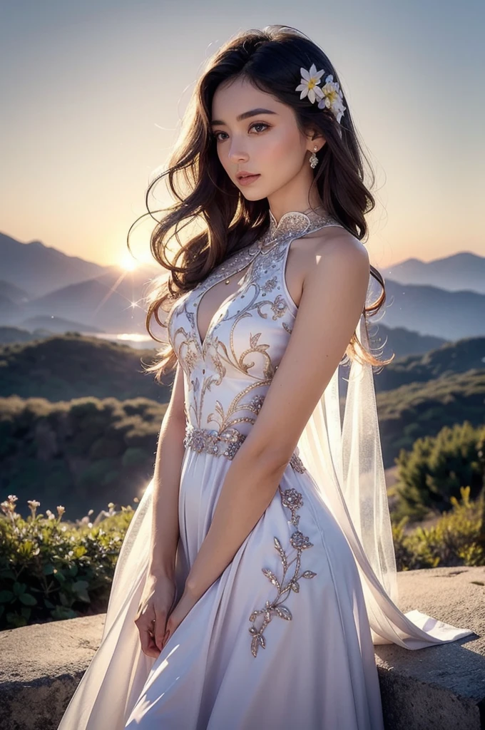 A beautiful woman was standing on a rock, Her hair hung loosely in curls down her back, Subtle makeup accentuated her high cheekbones., Fuller lips, Perfect Skin. When she turns to the camera, A soft smile played at the corner of her mouth., framing her delicate features and piercing blue eyes、Overlooking the breathtaking valley below. She was wearing a loose wedding dress that fluttered gently in the breeze. ,The lace was delicately embroidered with small flowers and vines., The hem is decorated with sparkling crystals.、It sparkled like a star in the light.。. In the foreground, Wildflower beds added vibrant color to the landscape, bright pink shades, purple, yellow. The bee flitted slowly from flower to flower., Collecting nectar in the golden light of the setting sun. The sun was setting behind the mountains, Casting a warm orange light over the vast landscape.