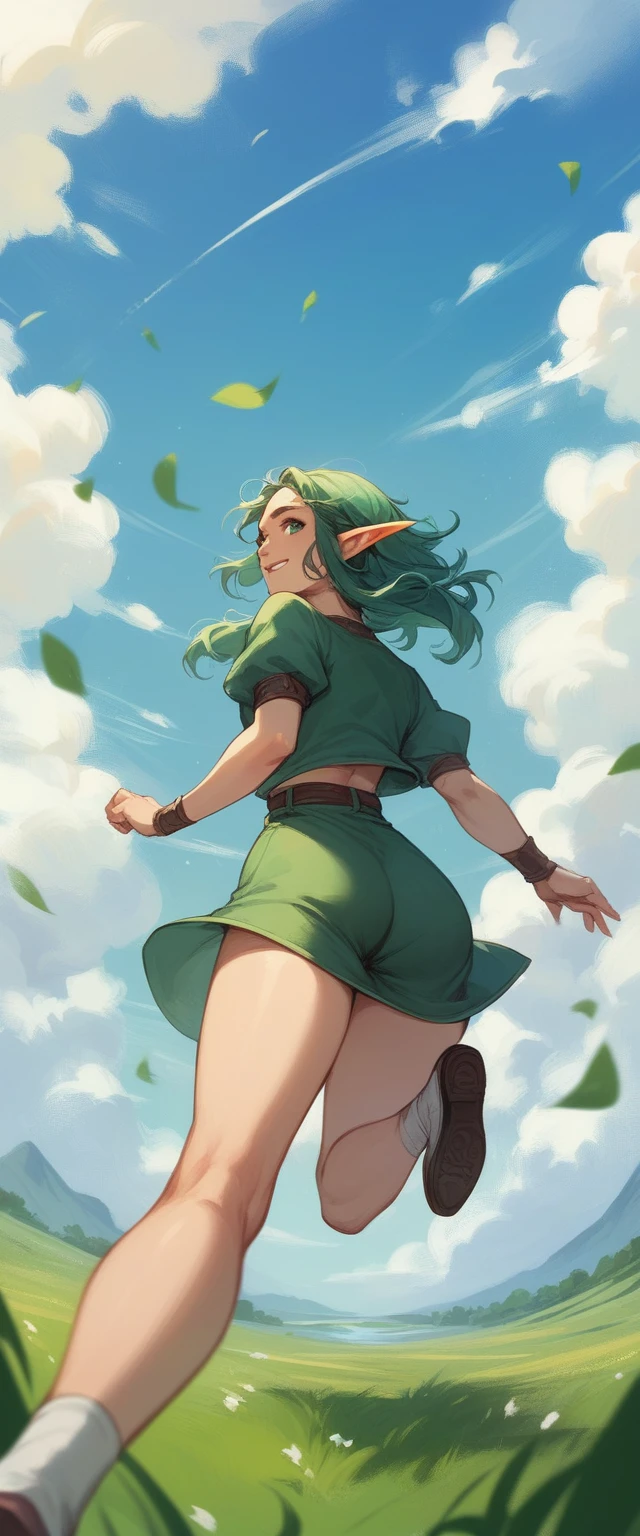 POV elf girl running looking back while smiling, with hand extended back, In the background is a green field with a blue sky and beautiful clouds