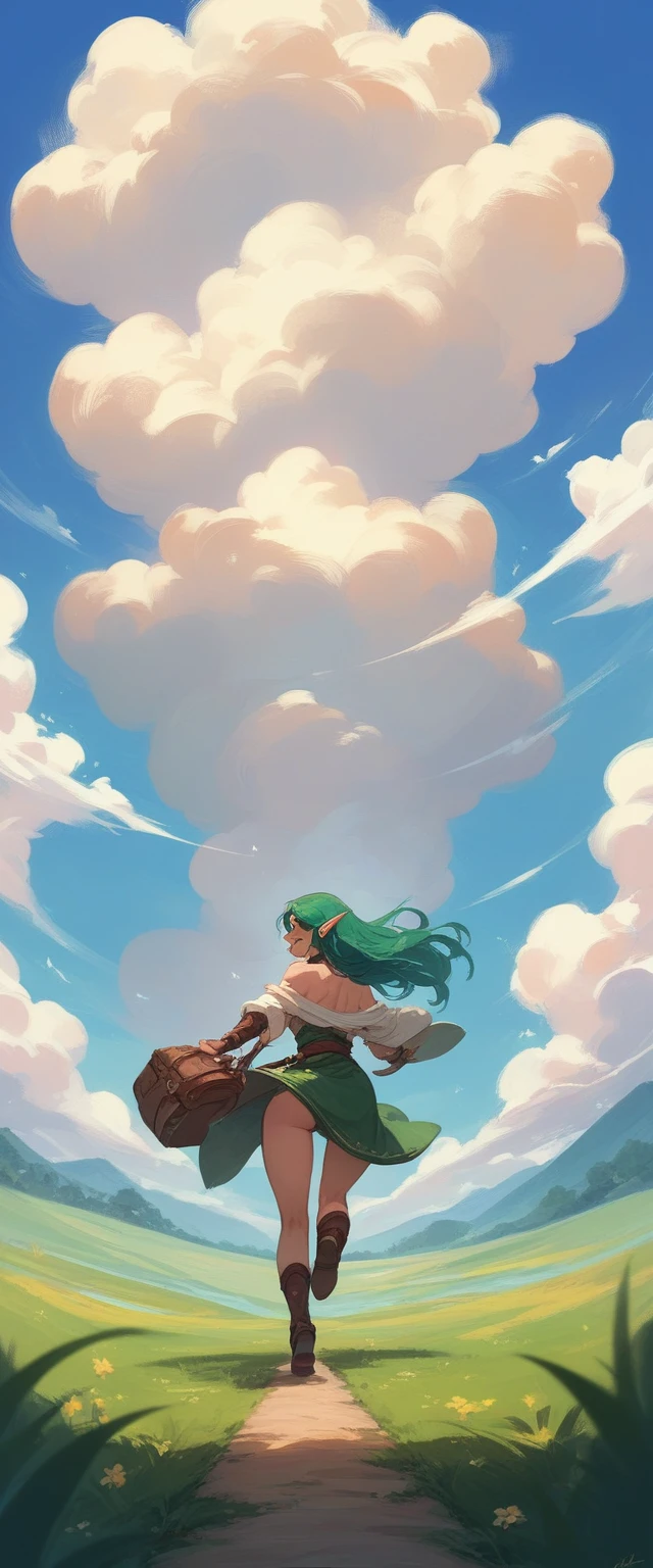 POV elf girl running looking back while smiling, with hand extended back, In the background is a green field with a blue sky and beautiful clouds