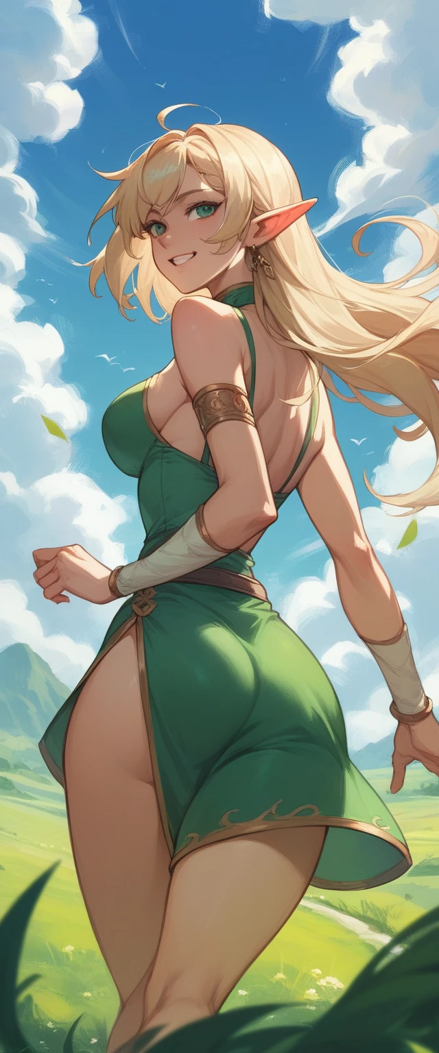 POV elf girl running looking back while smiling, with hand extended back, In the background is a green field with a blue sky and beautiful clouds