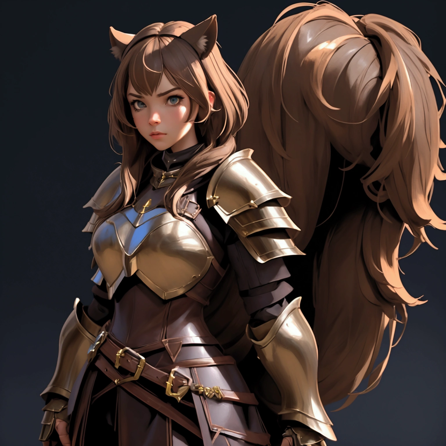 envision a 8k, highres, cinematic, beautiful concept art character design sheet of a girl with pretty mature features with brown hair, animal ears, leather armor, fantasy armor, jrpg inspired armor, tail, in dark lighting, against a dark gray background