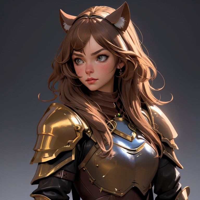 envision a 8k, highres, cinematic, beautiful concept art character design sheet of a girl with pretty mature features with brown hair, animal ears, leather armor, fantasy armor, jrpg inspired armor, tail, in dark lighting, against a dark gray background