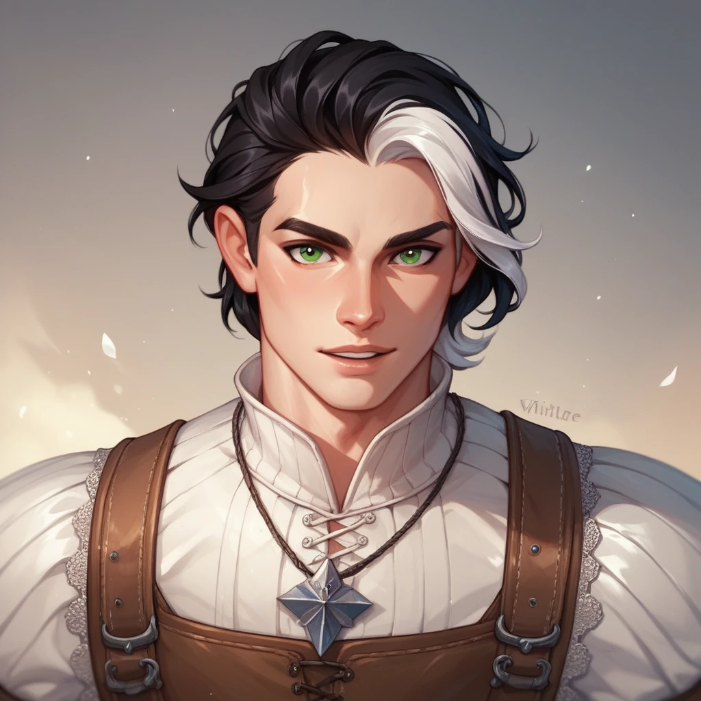 Human Male , Black hair Style ,(( whiter highlights )), solo , Green pupils , ,medieval Clothing