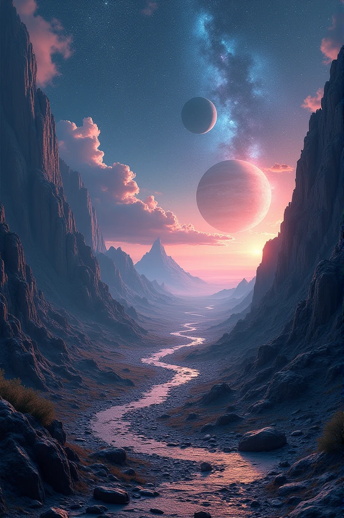 A rocky road at the end of a Cross  , in outer space, planets , galaxies , constellations , stars 