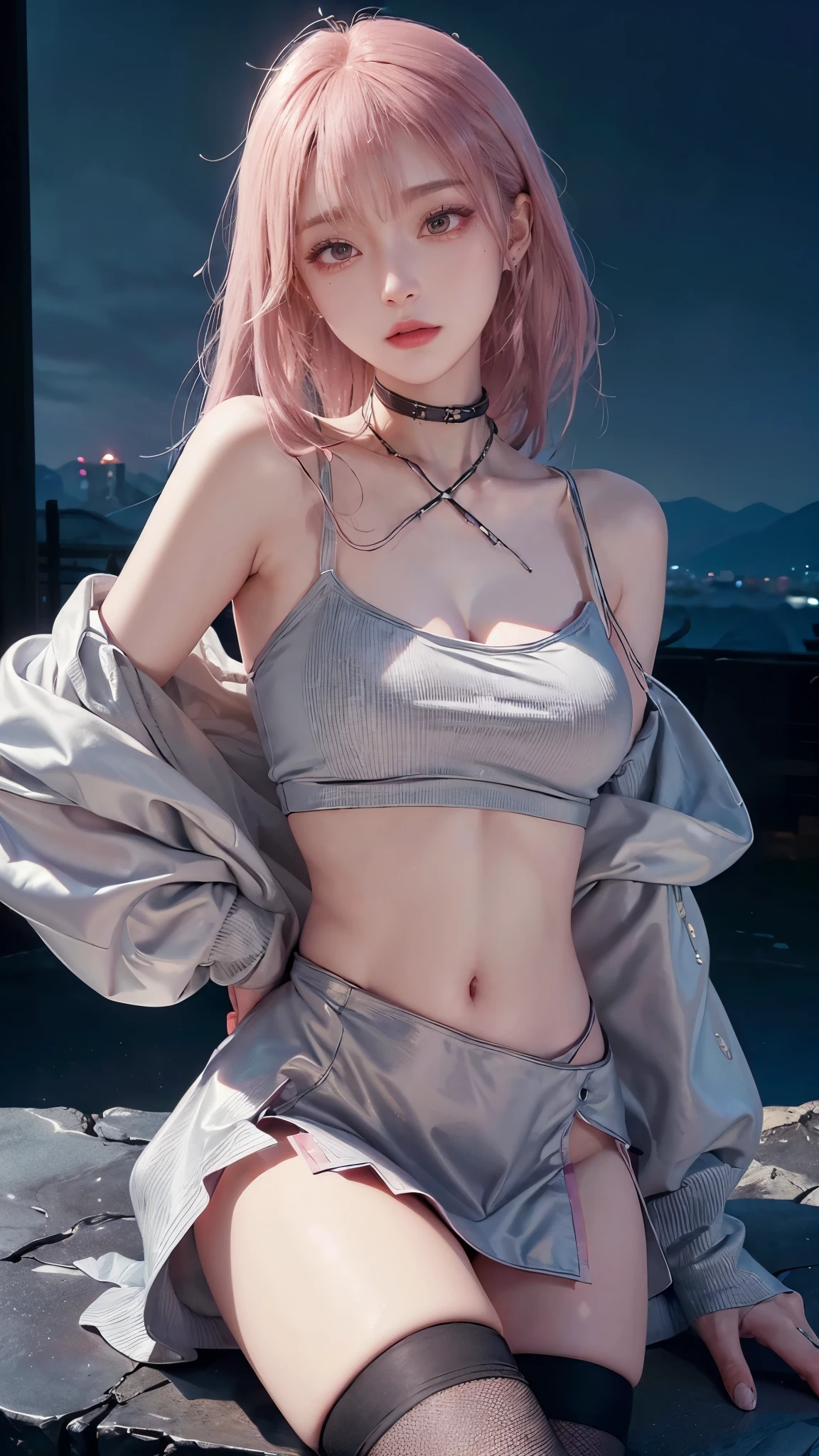 ((Best quality, 8k, Masterpiece :1.3)), Sharp focus :1.2, Perfect body beauty: 1.4, Slim abs: 1.2, ((pink blonde hair: 1.3, Big breasts: 1.2)), (Natural light, City street: 1.1 ), highly detailed facial and skin textures, detailed eyes, double eyelids, (((Gray hoodie revealing cleavage: 1.4, white sports bra :1.3 , pink eyeshadow, white skin))), (((Dynamic Angle, cat ear: 1.3)))