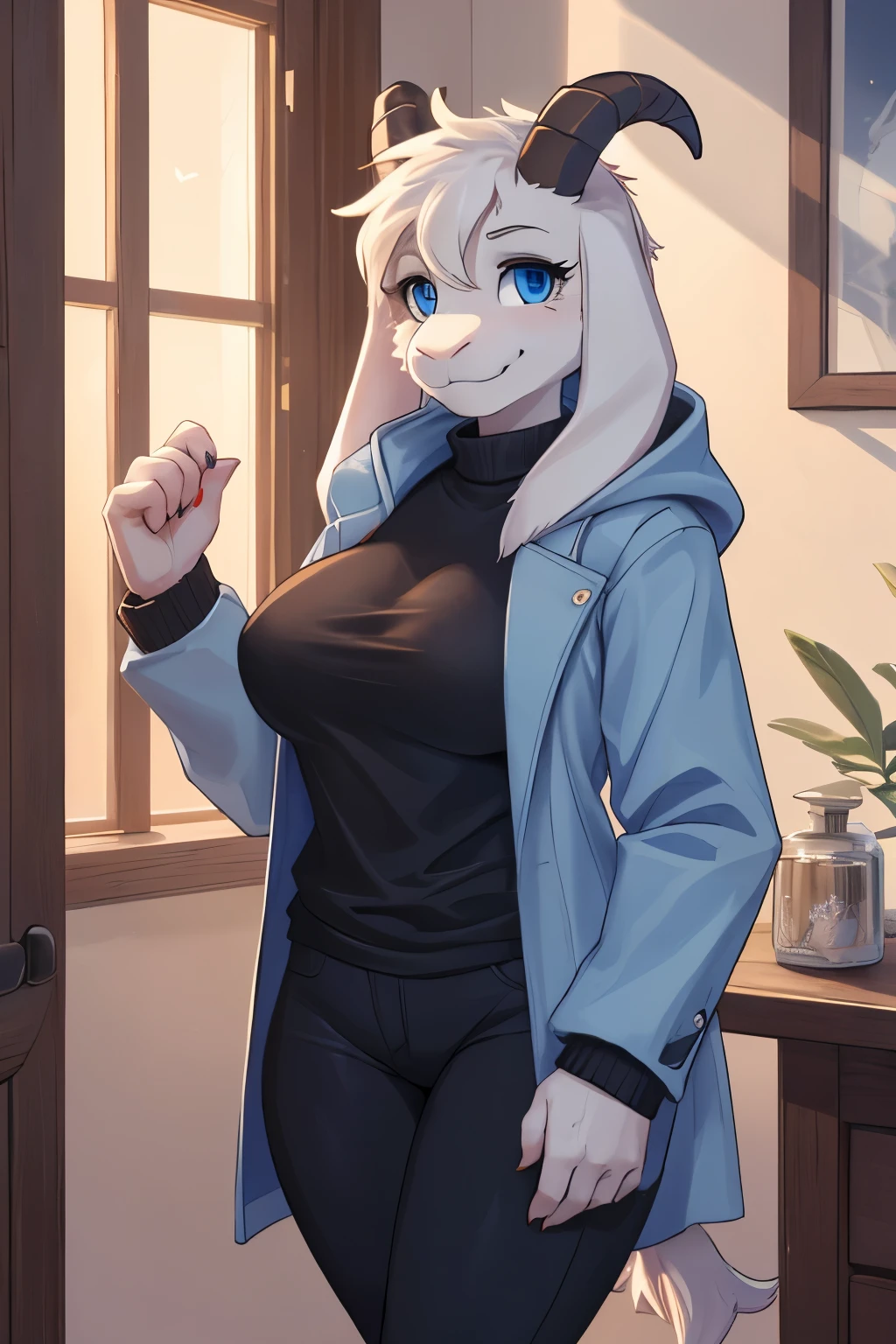 woman,  adult, alone, in a house, hairy, goat, anthropomorphic goat, Asriel, Undertale (Asriel Dreemurr), large medium breasts, big ass, medium hips, perfect body, tall, (long hair, long white hair), long hair, blue eyes, anthropomorphic face, cartoon, smile, eskimo coat (blue coat, no drawing, eskimo coat), metacarpal paw, black blouse ((black shirt, black pants)), goat tail, short horns , white horns ((droopy ears, big ears)), looking at the viewer, goat paw, anthropo paw, detailed, best quality, best detail, details and quality.