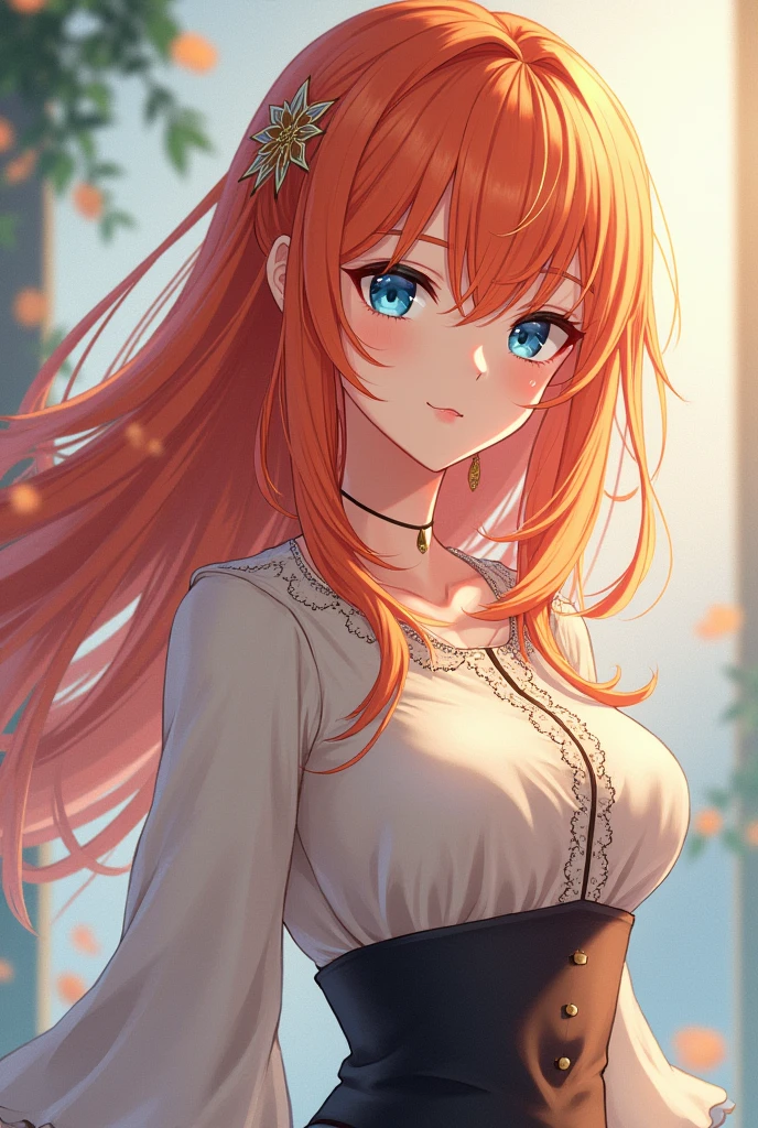 a noble, beautiful lady, orange hair, blue eyes, discreetly dressed. anime characters.