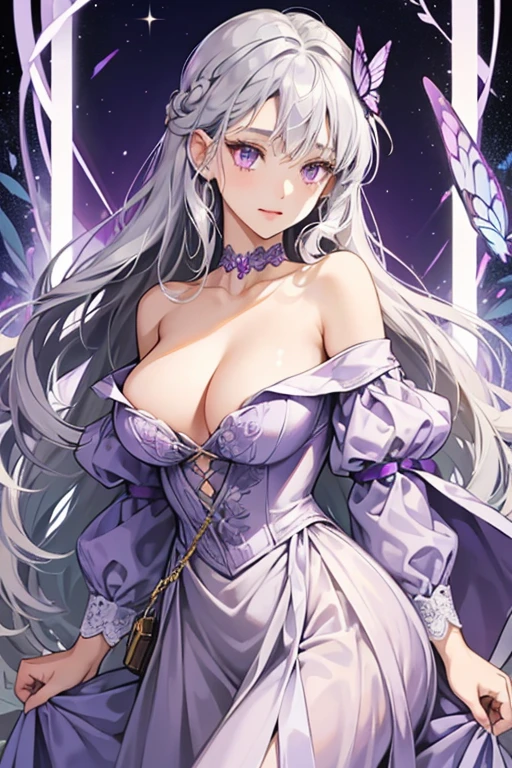 She has light a skin tone, silver eyes, and long silver hair.
She wears a light purple off shoulder dress with a big purple butterfly strap that is should on the front of her chest. SPARKLE; GLITT