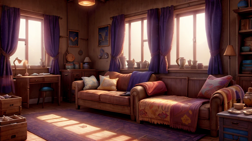 warehouse full of dust, dirty curtains, furniture with fabrics on top, detailed lultra, High resolution, HdR, masterpiece:1.2, realist, vibrant colors, Disney-Pixar style, dark and gloomy lighting, just a little light coming through a window, dingy, dark, Dark