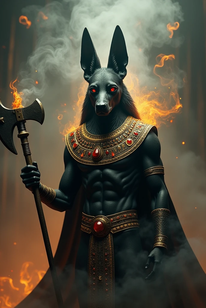 anubis,gold collar with red gemstones,smoke axe,haunting shadows,ethereal spirits,best quality,4k,8k,highres,masterpiece:1.2,ultra-detailed,realistic,photorealistic,photo-realistic:1.37,studio lighting,extreme detail description,professional,vivid colors,surreal,dark fantasy,cinematic lighting,dramatic lighting,moody atmosphere
