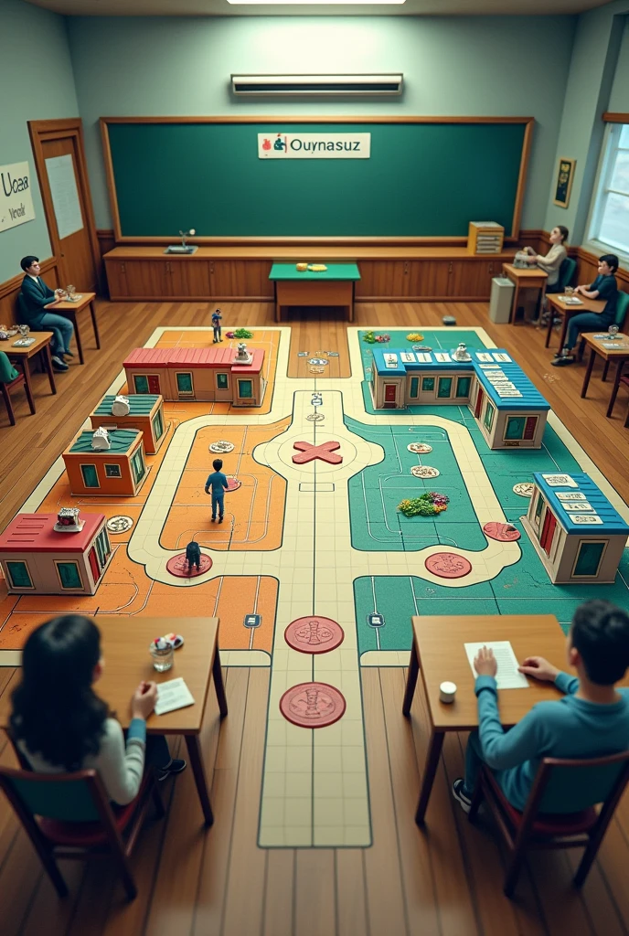 Board game using real life classroom on the topic of contamination with each side of the room a restaurant establishment, hospital, market where the paths arrive