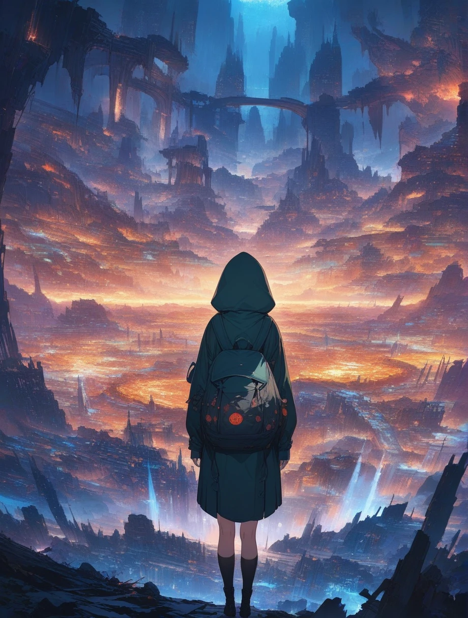 score_9, score_8_up, score_7_up, score_anime, masterpiece, best quality, delicate illustration, sharp line, sharp focus, BREAK,Traveler girl wandering in the ruins of endless night, the girl is wearing a hood, a lot of baggage in her backpack.,Night, future city, fantastic landscape, beautiful scenery, harmony with nature, spectacular view, machine city