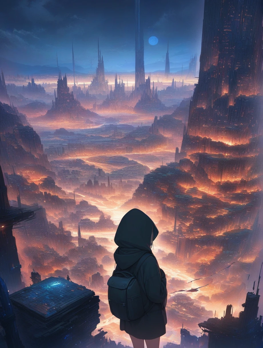 score_9, score_8_up, score_7_up, score_anime, masterpiece, best quality, delicate illustration, sharp line, sharp focus, BREAK,Traveler girl wandering in the ruins of endless night, the girl is wearing a hood, a lot of baggage in her backpack.,Night, future city, fantastic landscape, beautiful scenery, harmony with nature, spectacular view, machine city