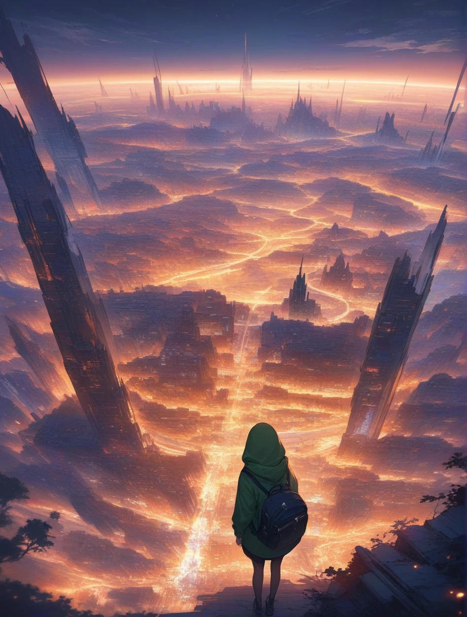 score_9, score_8_up, score_7_up, score_anime, masterpiece, best quality, delicate illustration, sharp line, sharp focus, BREAK,Traveler girl wandering in the ruins of endless night, the girl is wearing a hood, a lot of baggage in her backpack.,Night, future city, fantastic landscape, beautiful scenery, harmony with nature, spectacular view, machine city