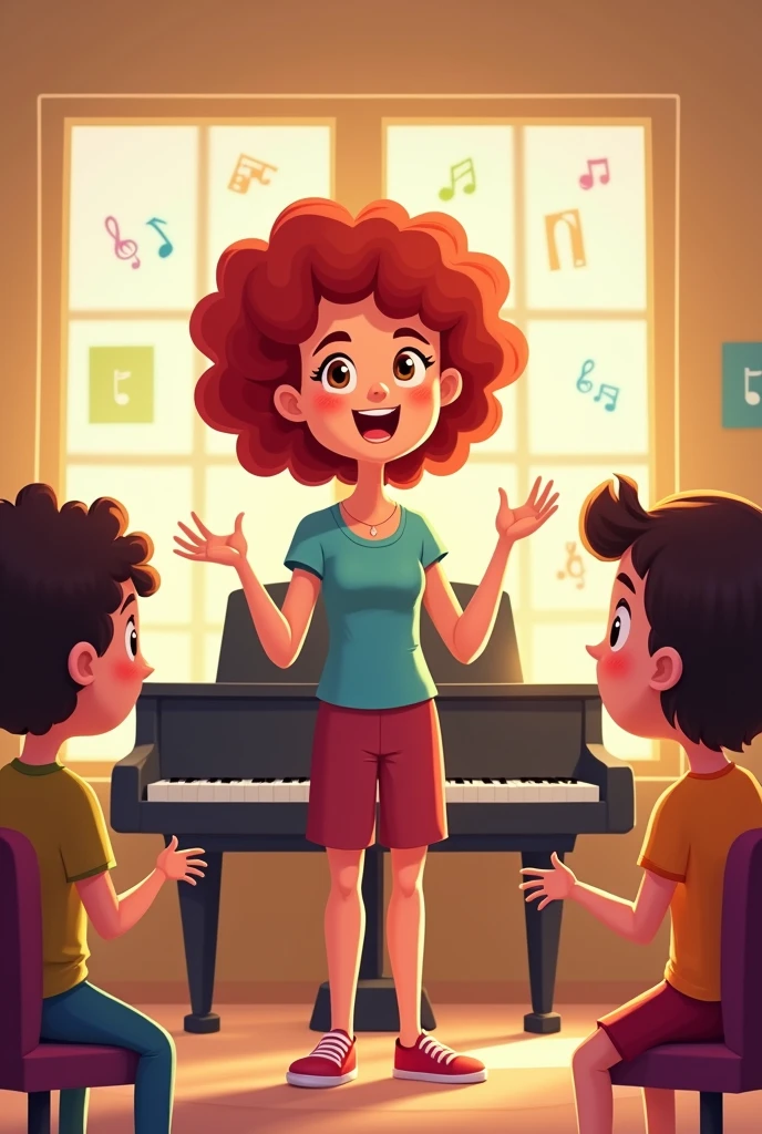 Cartoon of singing lessons with a 2 teacher, She is a redhead with short hair, Her hair is curly , She is with her students, a and a and ther girl, There is a piano and they are vocalizing.