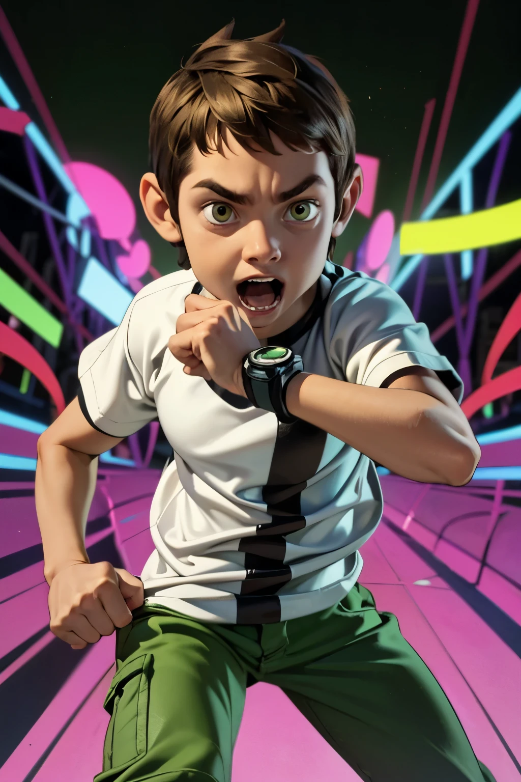 Movie poster, Ben 10 (((, 4yo )))rown eyes, (((wearing a white outfit with black stripe in the center, green pants))) , showing fist. (Omnitrix on arm)) . (Action facial expression ) . highy detailed, face detailed, realisitic, cinematic lighting, studio quality, proffesional, face detailed, intrikate, bright coloured. ((abstract lighting background)).