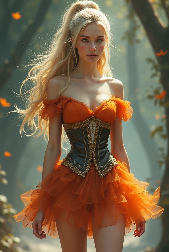 Create a fantastic image of a full-body girl in a very short dress, Long hair, wavy hair, blond hair, hair combed ponytail and freckles.