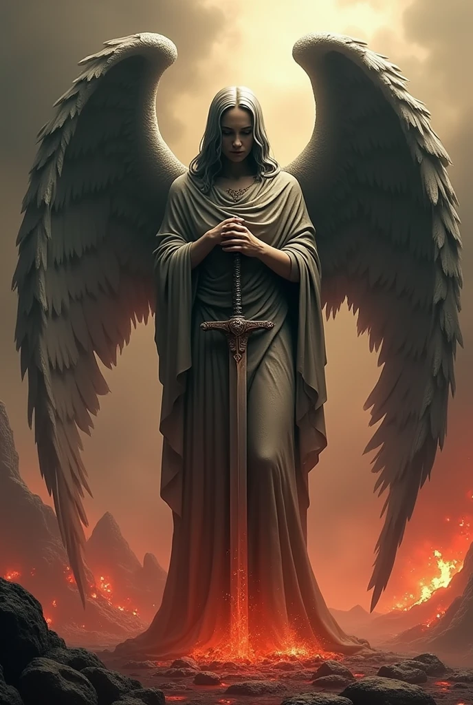 A fallen angel with a sword pointing at the ground, that is standing and with a hellish environment, Looking down, that looks like a Greek sculpture