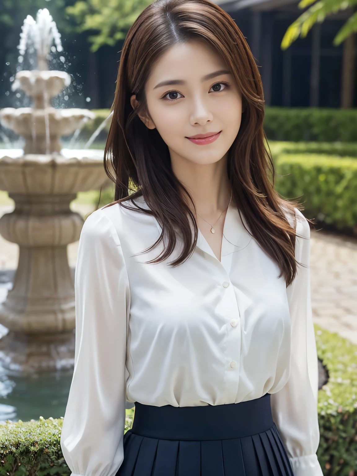 (Raw Photo), (Photorealistic), (Masterpiece), (Top Quality), High Resolution, 8K, (Exquisite Details), (Voluminous Light), Portrait, Woman, Medium Straight Hair, Layered Hair, Reddish Brown Hair, Very Thin Eyes, Source Order, Very Thin Eyebrows, Normal chest, Very Thin Skin, Thin Mouth, Very Thin Nose, Idol-Like, Happy Smile, 2, (Thick Lips), (Looking at the Viewer), (Elegant White Blouse, Navy Blue 	
tight skirt), Waist Shot, background is a park with a fountain, (Random Body Orientation),