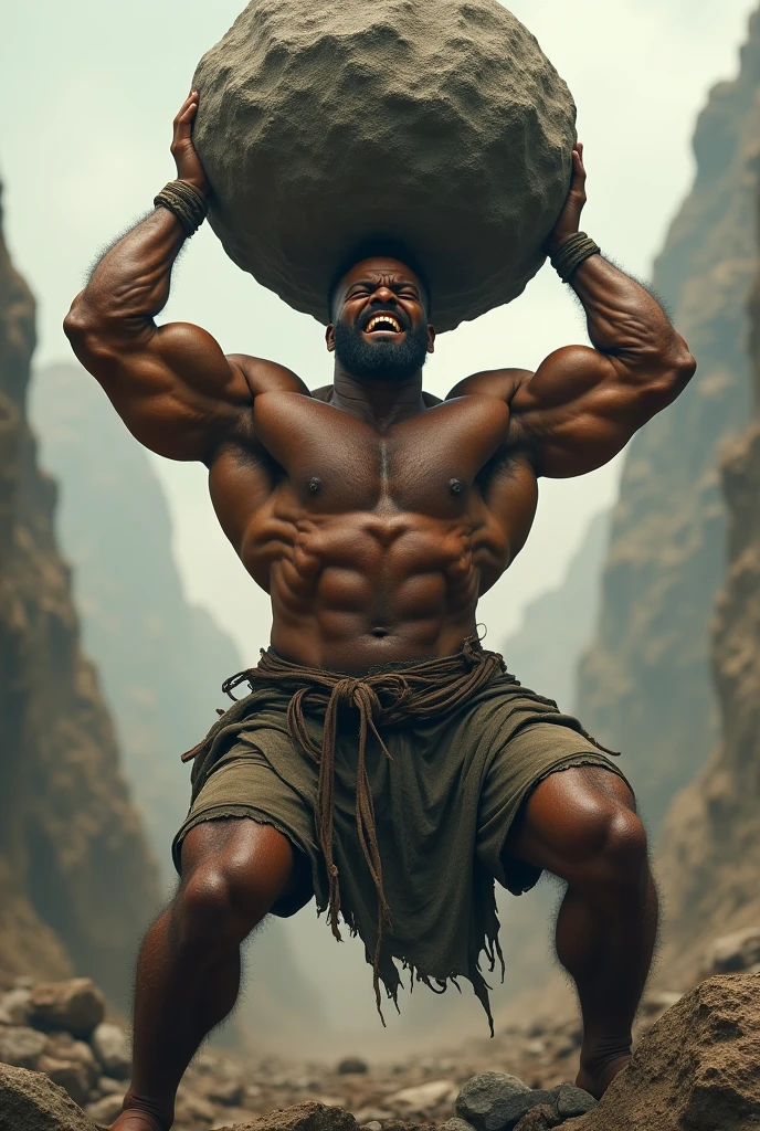 make a strong man holding a big stone above his head with both hands, tired and hurt, grimy, torn outfit, expression of courage, screaming with determination