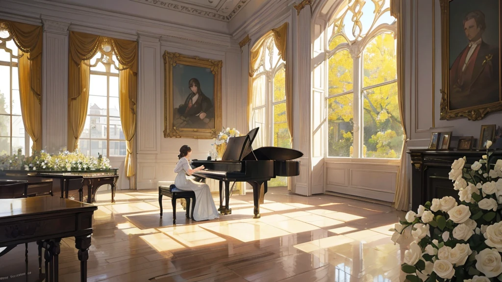 "An illustration that matches the elegance of classical music. A grand room with a large window, European-style, where a quiet piano plays. Outside, a garden in full bloom, with soft afternoon sunlight streaming in. The room is furnished with antique furniture, and an elegant vase sits atop the piano. The illustration should evoke a sense of grace and tranquility."